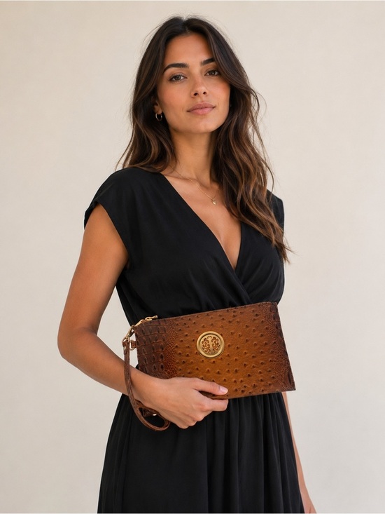 None Handbags - Brown Ostrich Croc Embossed Wristlet Clutch with Gold-Tone Medallion